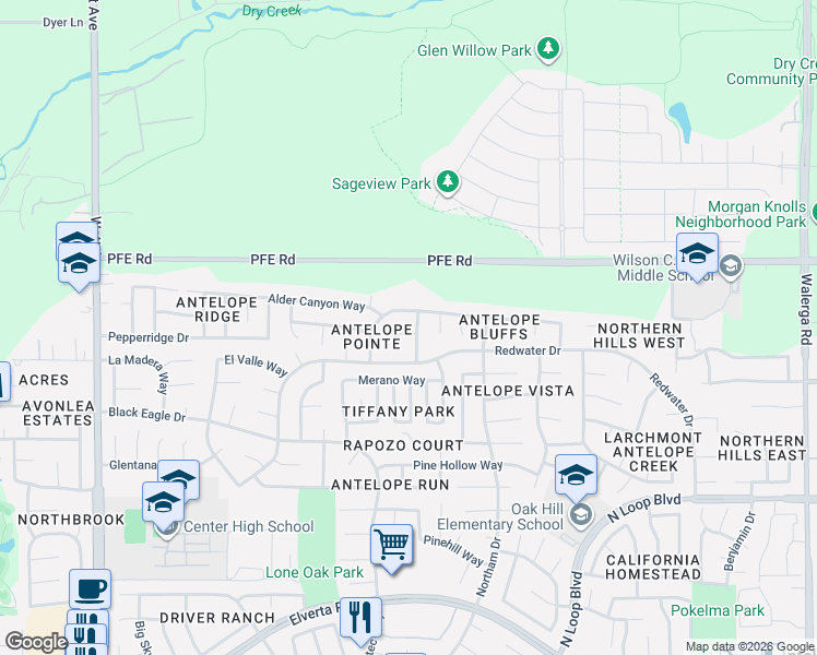 map of restaurants, bars, coffee shops, grocery stores, and more near 8660 Fobes Drive in Antelope