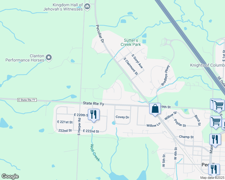map of restaurants, bars, coffee shops, grocery stores, and more near 21800 Massa Circle in Peculiar