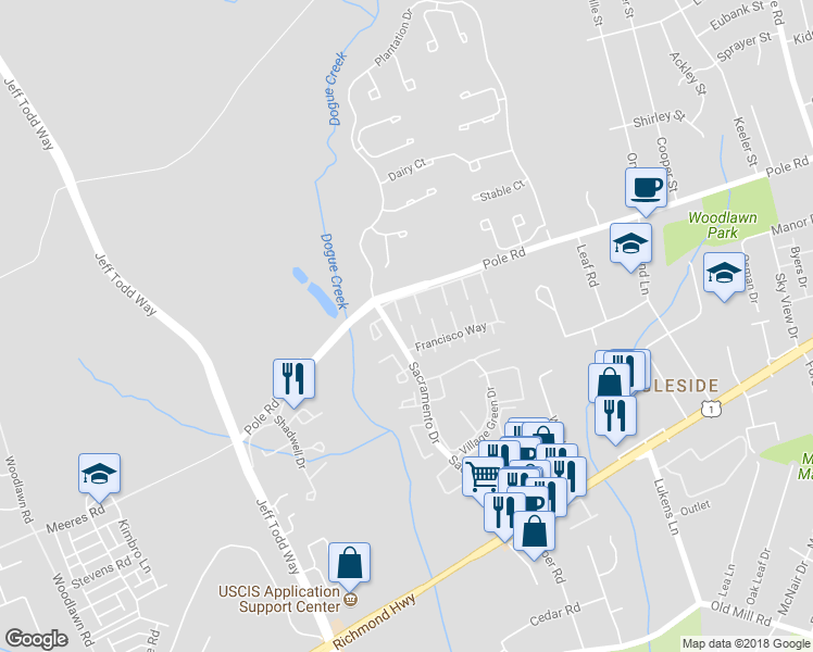 map of restaurants, bars, coffee shops, grocery stores, and more near 8400 Fuerte Court in Alexandria