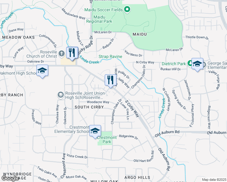 map of restaurants, bars, coffee shops, grocery stores, and more near 2004 South Cirby Way in Roseville