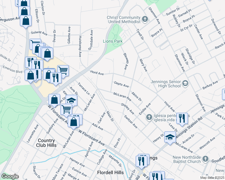 map of restaurants, bars, coffee shops, grocery stores, and more near 2539 McLaran Avenue in Jennings