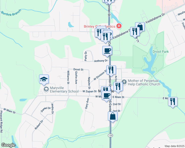 map of restaurants, bars, coffee shops, grocery stores, and more near 502 Nepute Street in Maryville