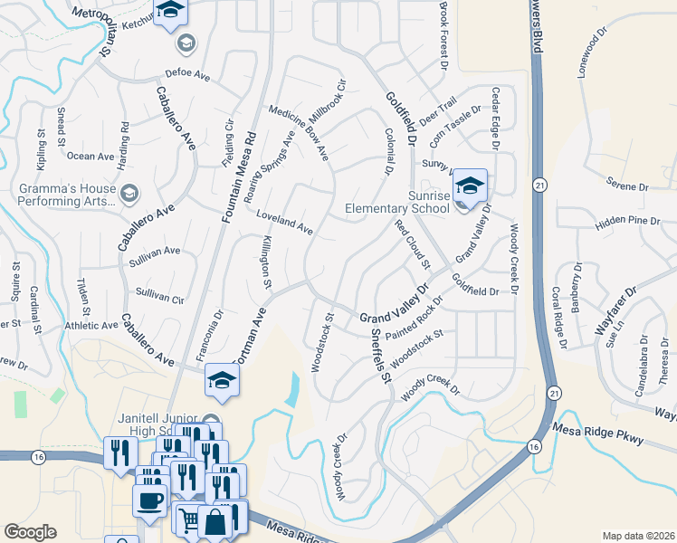 map of restaurants, bars, coffee shops, grocery stores, and more near 7513 Horseshoe Circle in Fountain