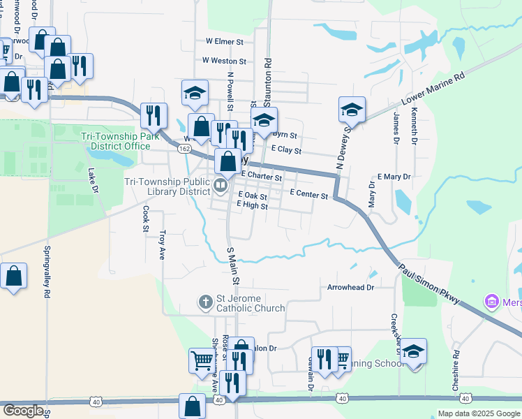 map of restaurants, bars, coffee shops, grocery stores, and more near 208 South Hickory Street in Troy
