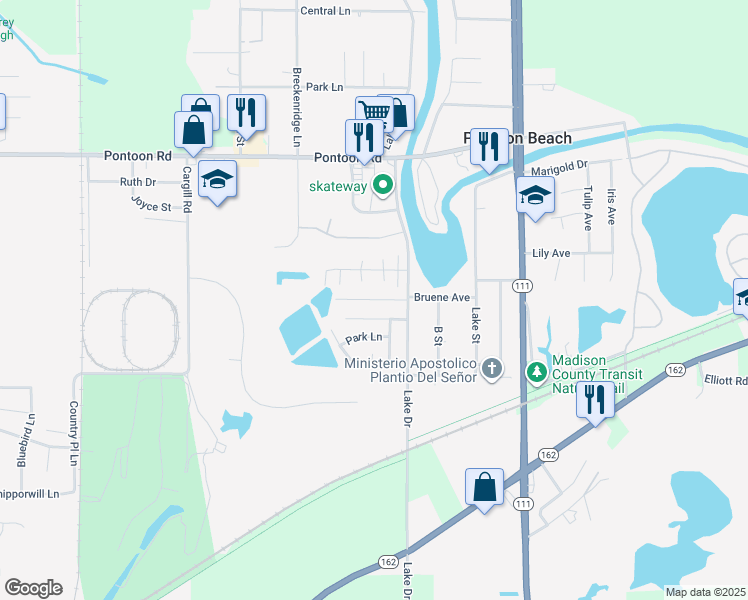 map of restaurants, bars, coffee shops, grocery stores, and more near 4073 Bruene Avenue in Pontoon Beach
