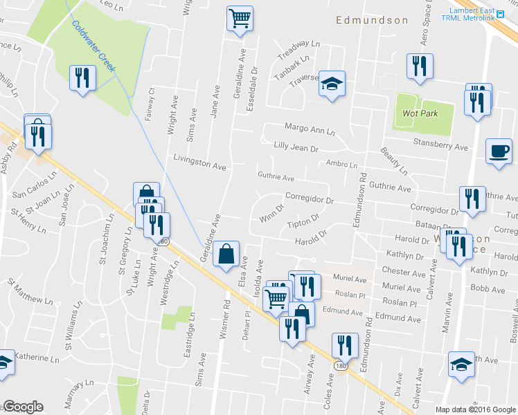 map of restaurants, bars, coffee shops, grocery stores, and more near 3834 Keats Drive in St. Louis