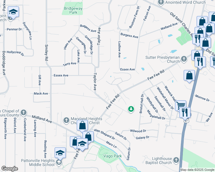 map of restaurants, bars, coffee shops, grocery stores, and more near 3106 Carnaby Lane in Bridgeton