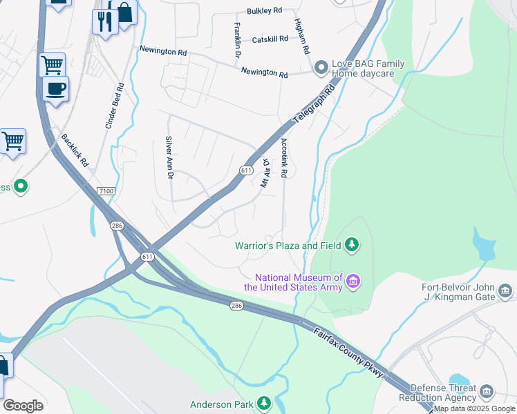 map of restaurants, bars, coffee shops, grocery stores, and more near 8503 Blue Bird Woods Court in Lorton