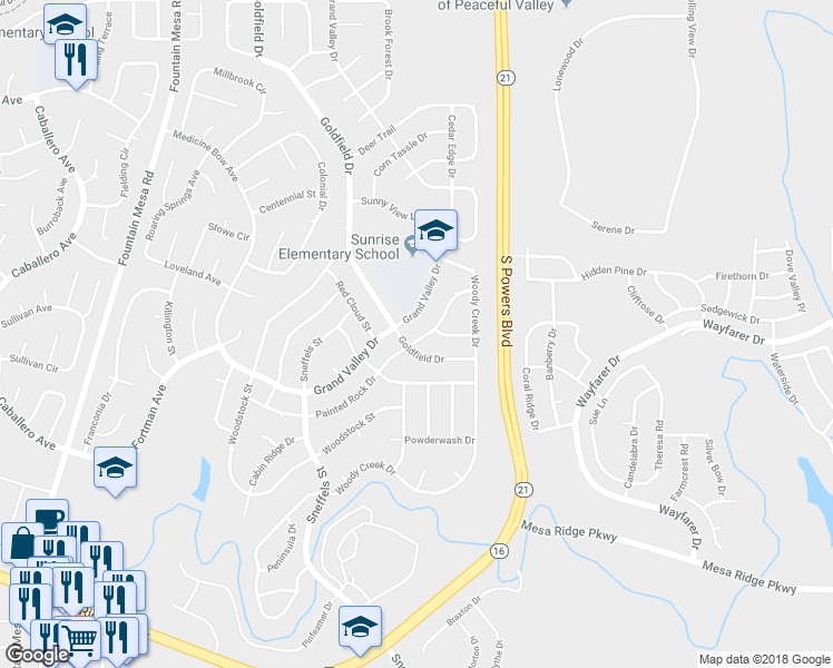 map of restaurants, bars, coffee shops, grocery stores, and more near 7240 Painted Rock Drive in Colorado Springs