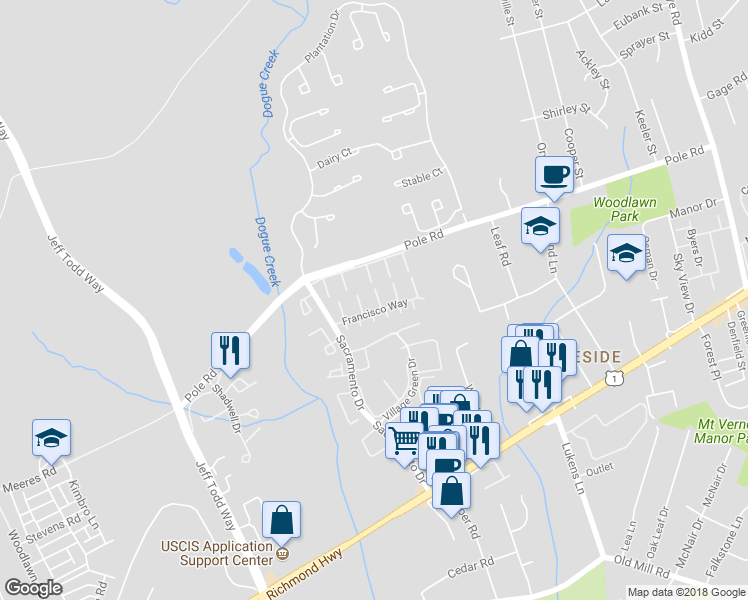 map of restaurants, bars, coffee shops, grocery stores, and more near 8410 Jinetes Court in Alexandria