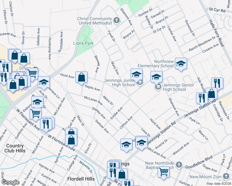 map of restaurants, bars, coffee shops, grocery stores, and more near 2438 Hord Avenue in Jennings