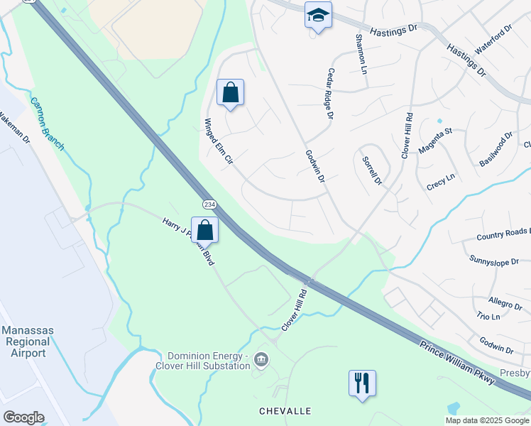 map of restaurants, bars, coffee shops, grocery stores, and more near 10521 Coral Berry Drive in Manassas