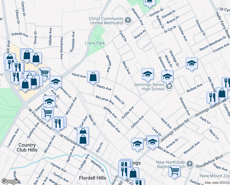 map of restaurants, bars, coffee shops, grocery stores, and more near 2443 Akins Drive in Jennings