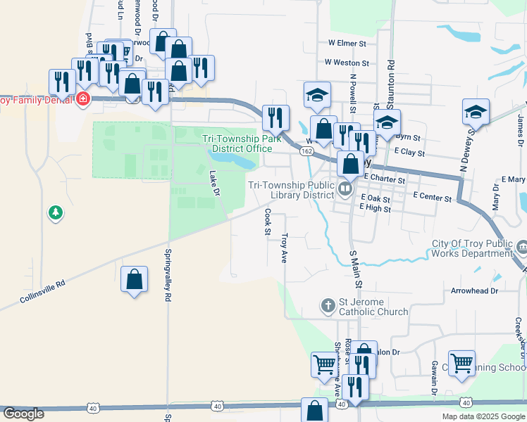 map of restaurants, bars, coffee shops, grocery stores, and more near 201 Cook Street in Troy