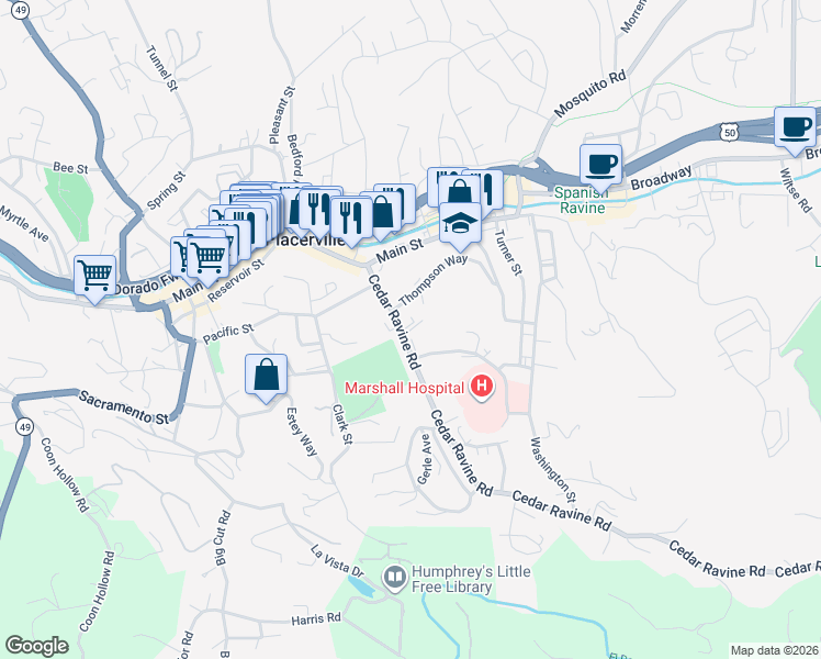 map of restaurants, bars, coffee shops, grocery stores, and more near 3080 Cedar Ravine Road in Placerville