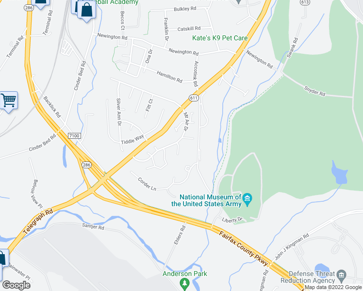 map of restaurants, bars, coffee shops, grocery stores, and more near 8501 Blue Bird Woods Court in Lorton