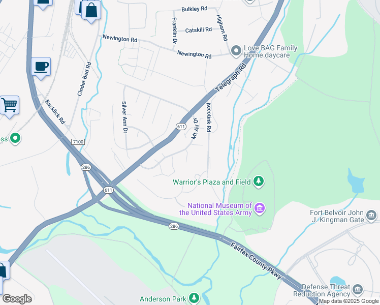 map of restaurants, bars, coffee shops, grocery stores, and more near 8501 Blue Bird Woods Court in Lorton