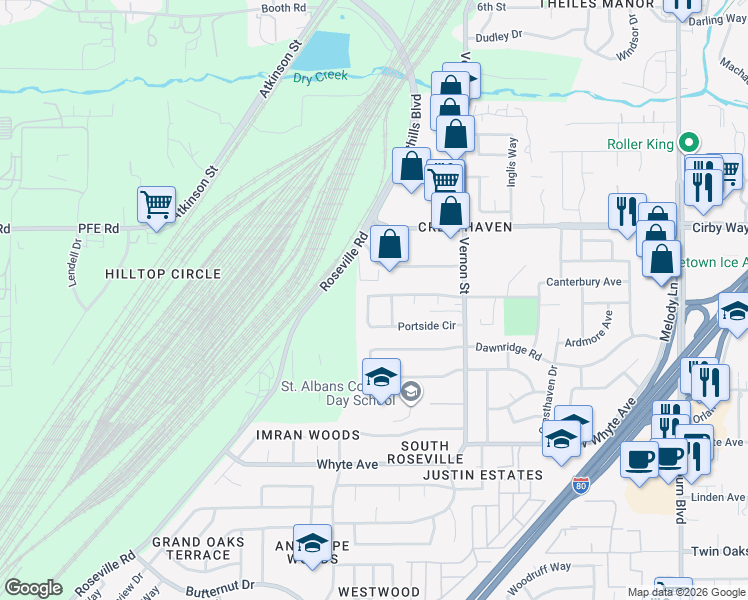 map of restaurants, bars, coffee shops, grocery stores, and more near 795 Portside Circle in Roseville