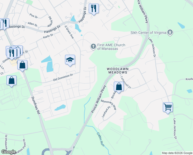 map of restaurants, bars, coffee shops, grocery stores, and more near 8657 Belle Grove Way in Manassas