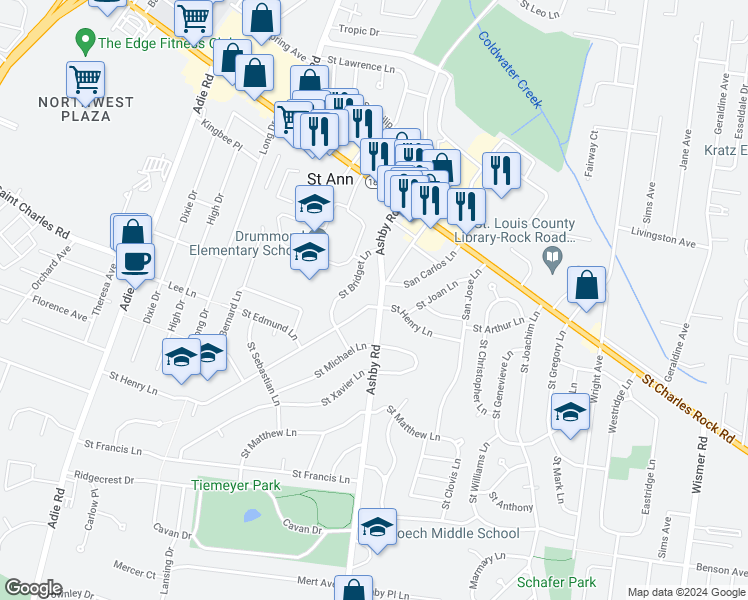 map of restaurants, bars, coffee shops, grocery stores, and more near 3633 Ashby Road in Saint Ann
