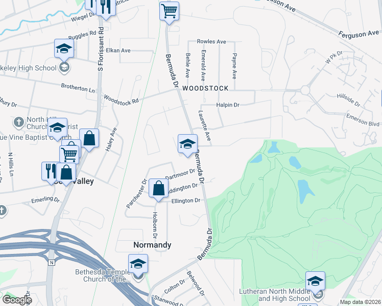 map of restaurants, bars, coffee shops, grocery stores, and more near 5835 Bermuda Drive in St. Louis