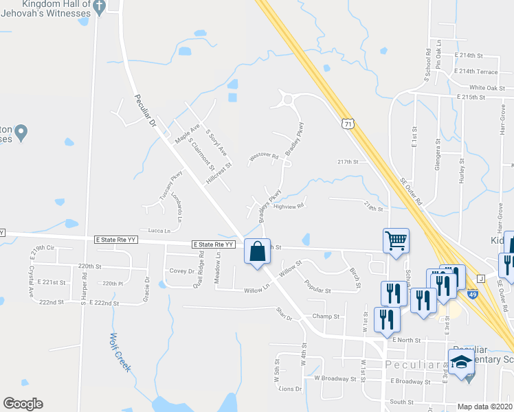 map of restaurants, bars, coffee shops, grocery stores, and more near 21718 Westover Road in Peculiar