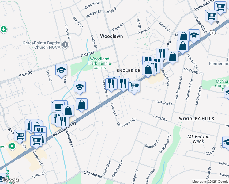map of restaurants, bars, coffee shops, grocery stores, and more near 8516 Richmond Highway in Alexandria