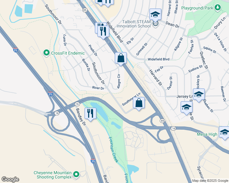 map of restaurants, bars, coffee shops, grocery stores, and more near 7215 Alegre Circle in Fountain