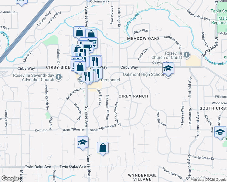 map of restaurants, bars, coffee shops, grocery stores, and more near 1321 Blossom Hill Way in Roseville