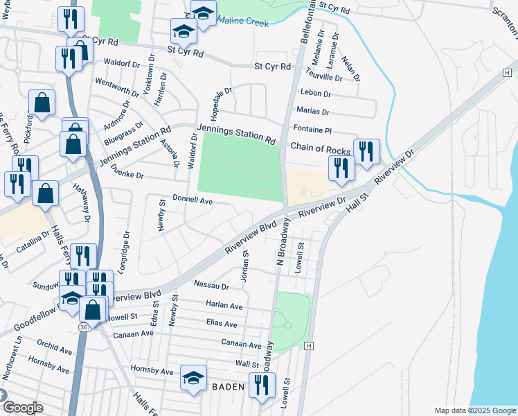 map of restaurants, bars, coffee shops, grocery stores, and more near 9124 Jordan Street in St. Louis