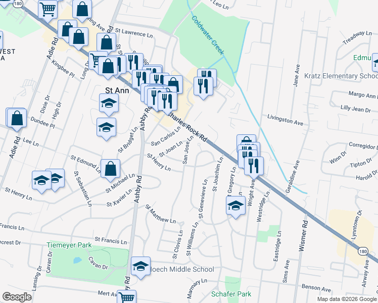 map of restaurants, bars, coffee shops, grocery stores, and more near 3624 San Jose Lane in Saint Ann
