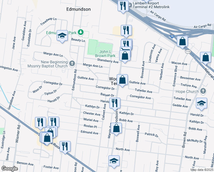 map of restaurants, bars, coffee shops, grocery stores, and more near 9403 Corregidor Drive in St. Louis