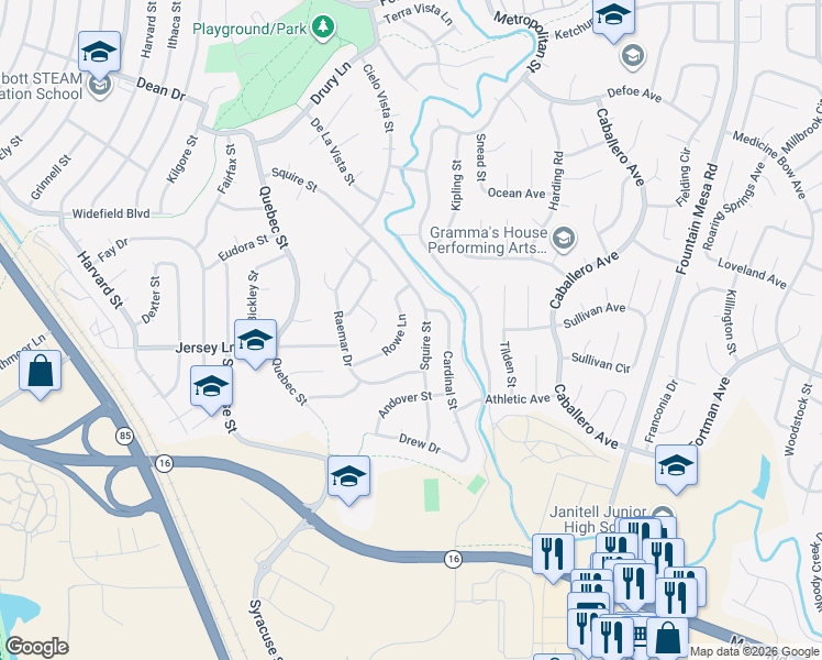 map of restaurants, bars, coffee shops, grocery stores, and more near 709 Squire Street in Colorado Springs