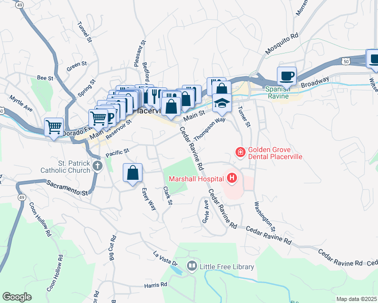 map of restaurants, bars, coffee shops, grocery stores, and more near 3080 Cedar Ravine Road in Placerville