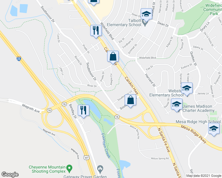 map of restaurants, bars, coffee shops, grocery stores, and more near 7215 Alegre Cir in Fountain