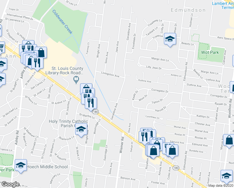 map of restaurants, bars, coffee shops, grocery stores, and more near 3825 Geraldine Avenue in Saint Ann