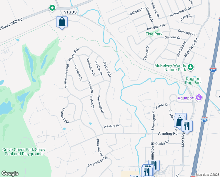 map of restaurants, bars, coffee shops, grocery stores, and more near 2394 Wesford Drive in Maryland Heights