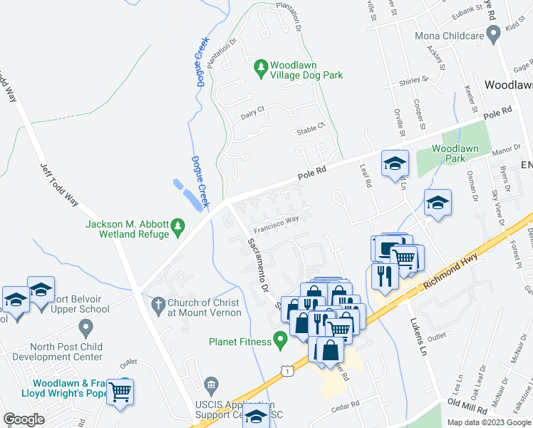 map of restaurants, bars, coffee shops, grocery stores, and more near 8407 Huerta Court in Alexandria