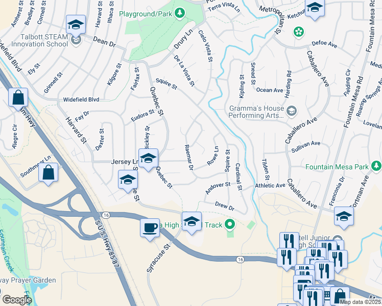 map of restaurants, bars, coffee shops, grocery stores, and more near 605 Raemar Drive in Colorado Springs