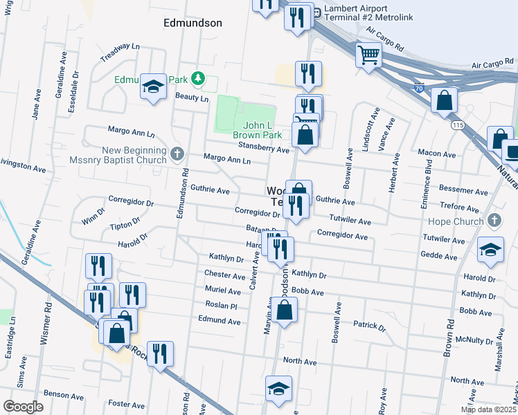 map of restaurants, bars, coffee shops, grocery stores, and more near 9403 Corregidor Drive in St. Louis