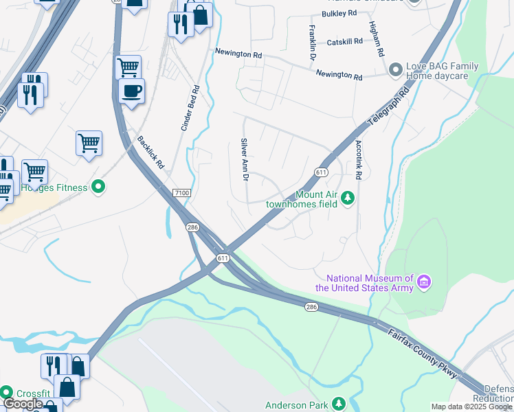 map of restaurants, bars, coffee shops, grocery stores, and more near 6819 Tiddle Way in Lorton
