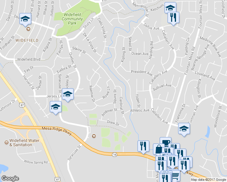 map of restaurants, bars, coffee shops, grocery stores, and more near 709 Squire Street in Colorado Springs