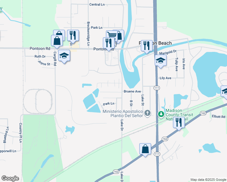 map of restaurants, bars, coffee shops, grocery stores, and more near 4073 Bruene Avenue in Pontoon Beach