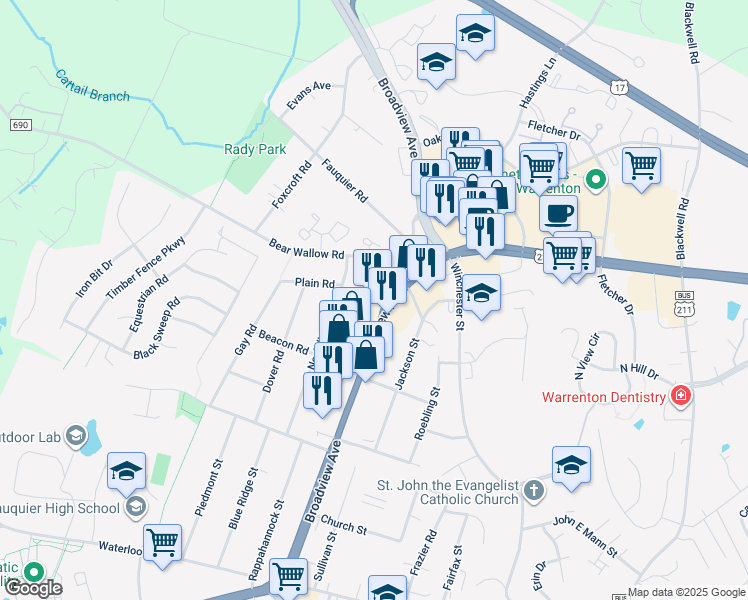 map of restaurants, bars, coffee shops, grocery stores, and more near 396 Lee Highway in Warrenton