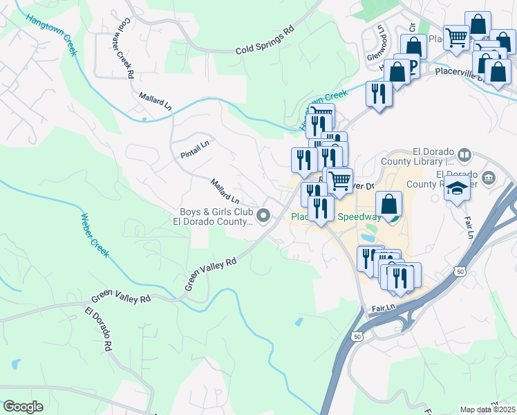 map of restaurants, bars, coffee shops, grocery stores, and more near 2804 Mallard Lane in Placerville