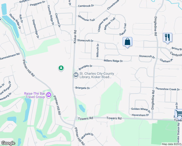 map of restaurants, bars, coffee shops, grocery stores, and more near 67 Waterlilly Court in Saint Charles