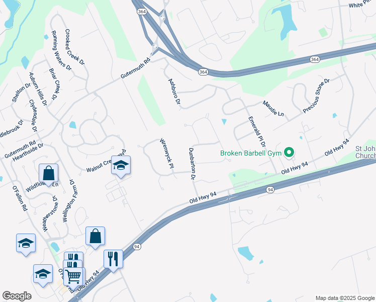 map of restaurants, bars, coffee shops, grocery stores, and more near 848 Dunbarton Drive in Weldon Spring