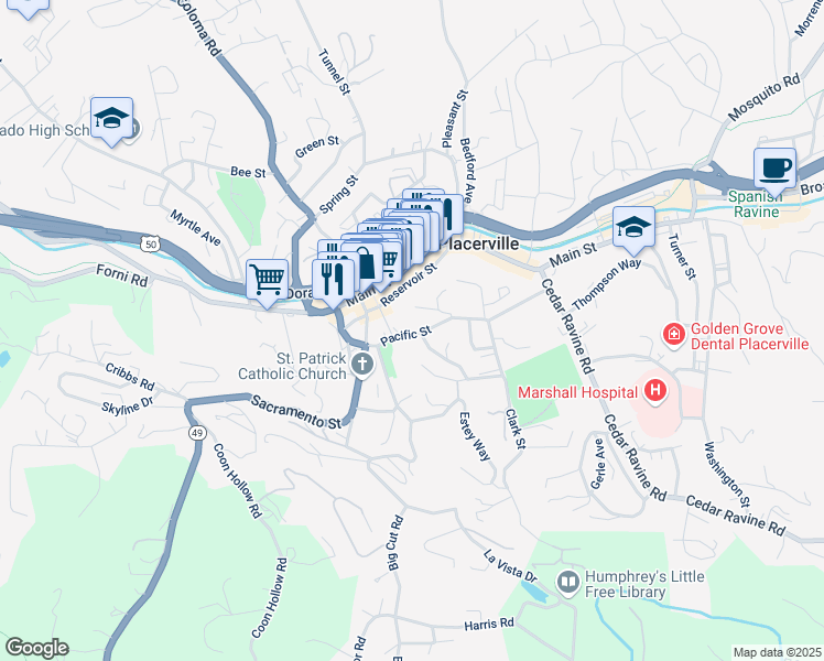 map of restaurants, bars, coffee shops, grocery stores, and more near 847 Pacific Street in Placerville