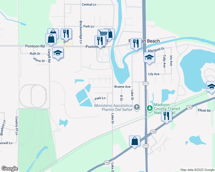 map of restaurants, bars, coffee shops, grocery stores, and more near 4073 Bruene Avenue in Pontoon Beach