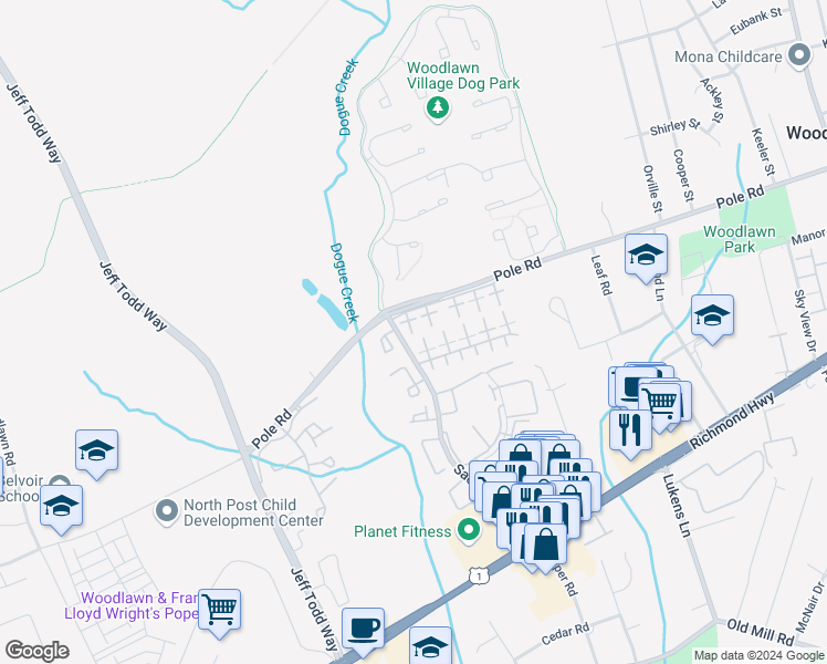 map of restaurants, bars, coffee shops, grocery stores, and more near 8421 Eureka Court in Alexandria